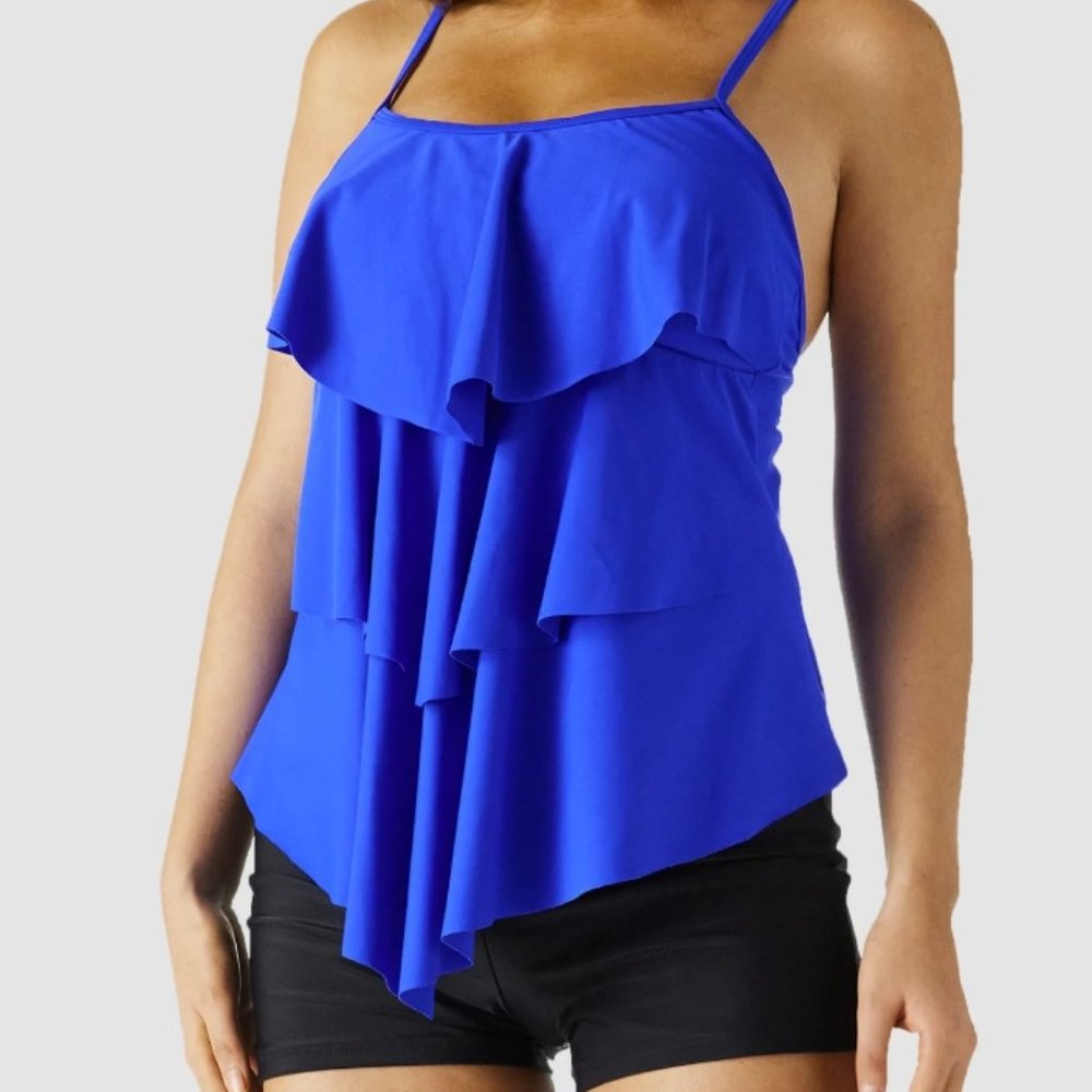 HOLIPICK Two-piece Swimming Suit Blue Black with Ruffles Size XL NEW